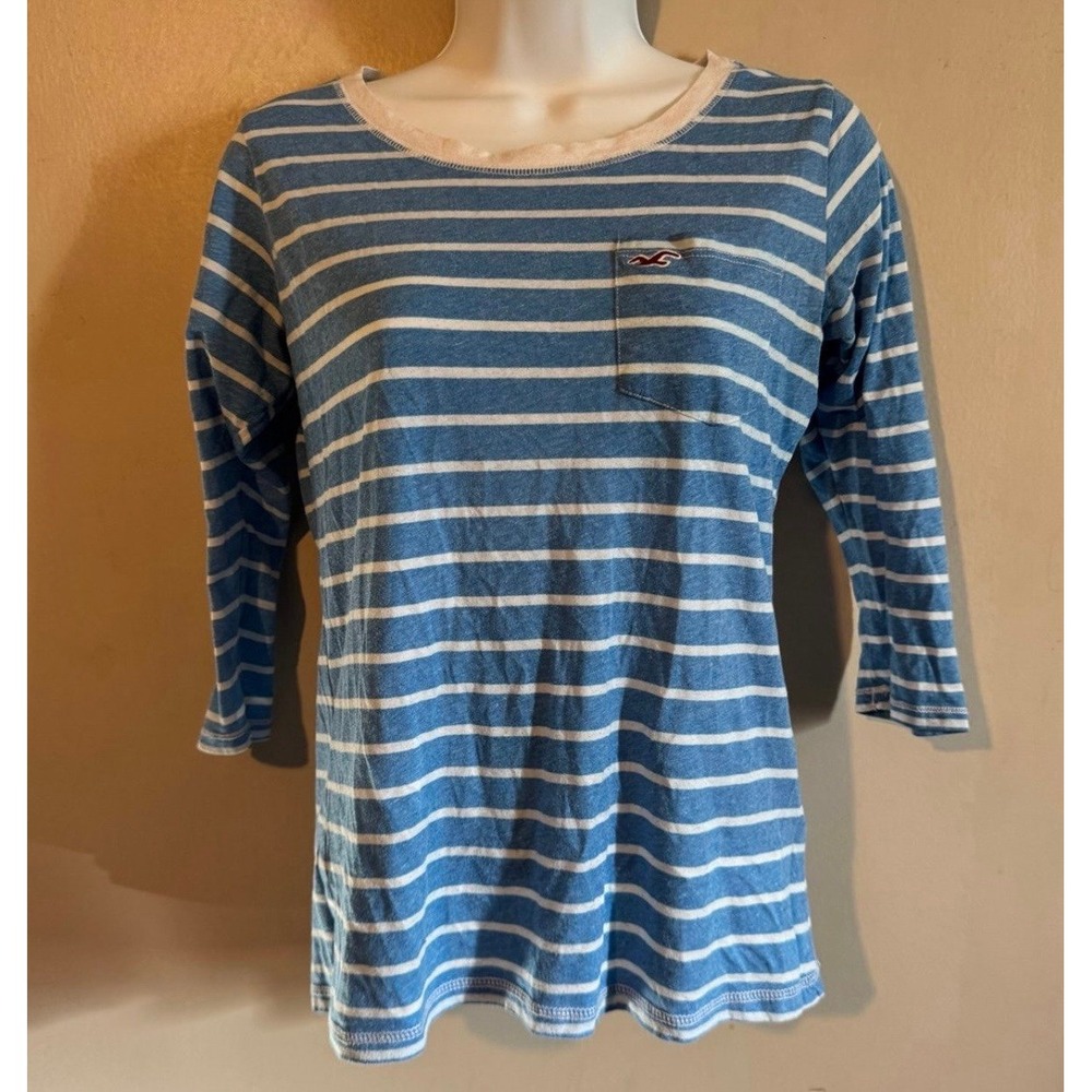 Y2K Hollister Top Size Small Blue White Striped 2000s Shirt 3/4 Sleeve